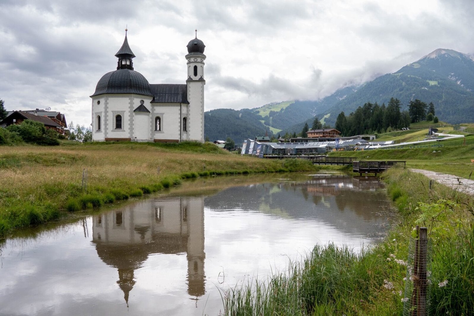 Low-angle view of a beautiful church near the lake in Seefeld, Austria