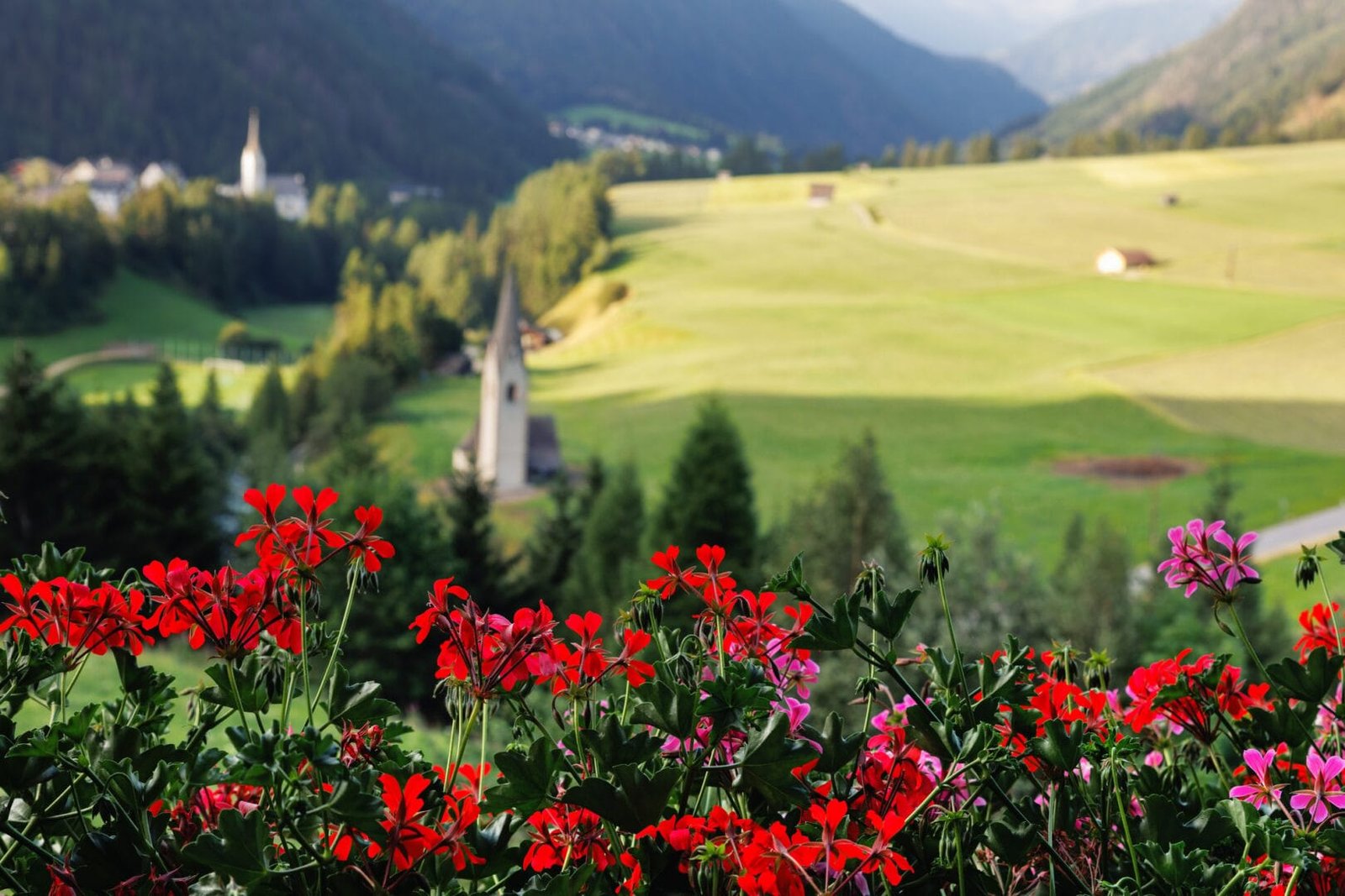 Scenic panorama alpine view flower decorated balcony austrian mountain village Kals am Grossglockner