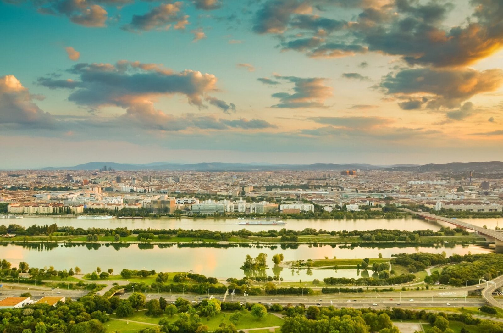 Aerial view at Vienna city and Donau river