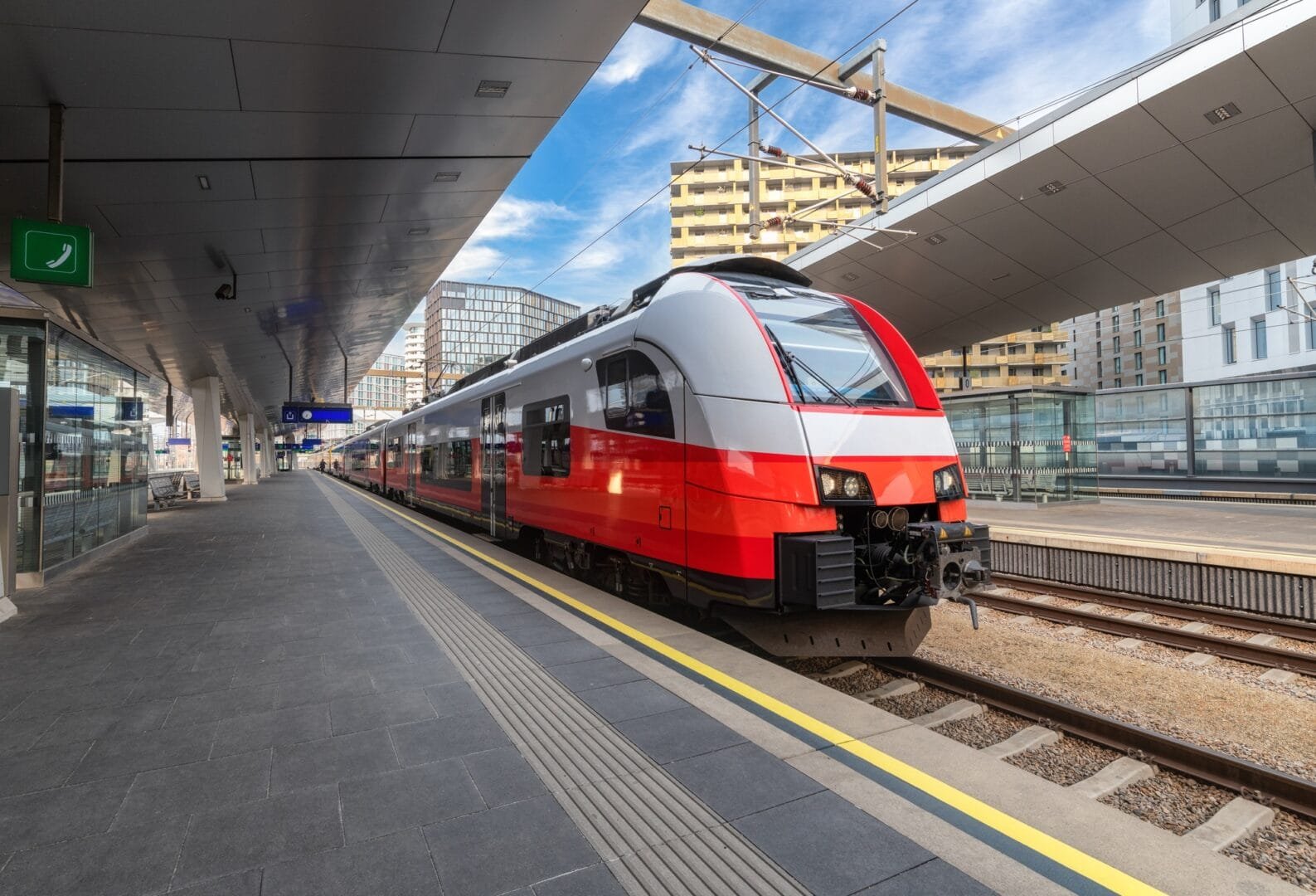High speed train on the train station at sunset in Vienna