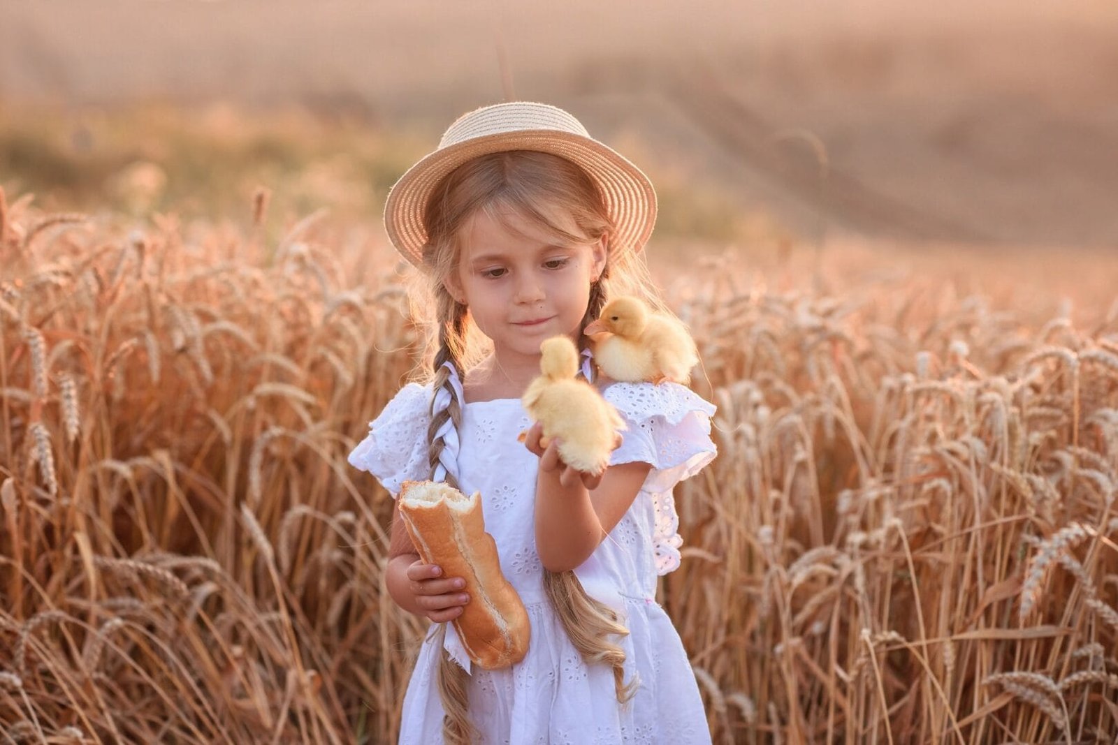 little girl in a wheat field with little ducklings in his hands. holidays at grandma's farm