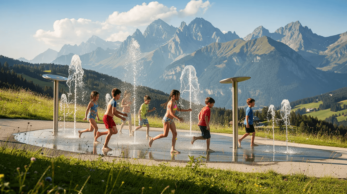Auf dem Wasserspielplatz in St. Anton am Arlberg spielen fröhliche Kinder mit Wasser und spritzen sich gegenseitig nass, während im Hintergrund das beeindruckende Bergpanorama und die grünen Wiesen der Region leuchten. Diese Szene vermittelt den Spaß und die Abenteuerlust, die Familien im Bergsommer in Tirol erleben können.
