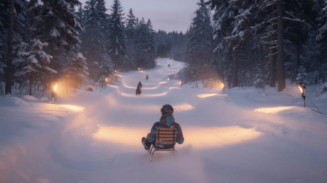 Ein Rodler saust auf einer verschneiten Naturrodelbahn durch den Wald bei Abenddämmerung, während die Strecke sanft beleuchtet ist. Diese Szene zeigt die winterliche Atmosphäre im Wintersportort St. Anton am Arlberg, ideal für Familien und Abenteuerlustige.
